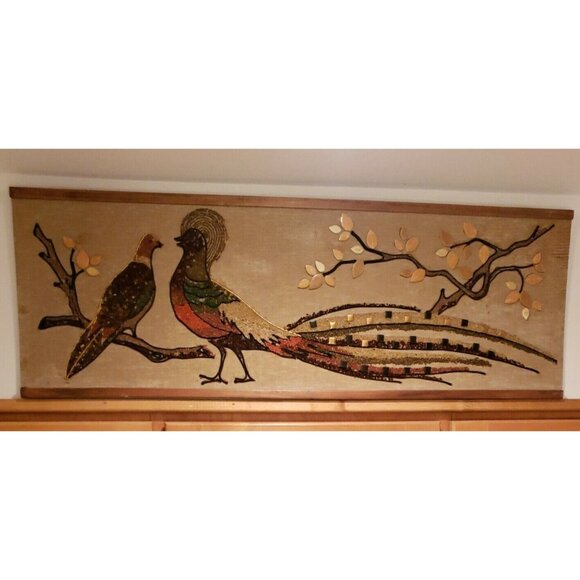 Vintage Gravel Art Pheasant Birds Mid Century Mosaic Pebble Cherry Blossoms 36"